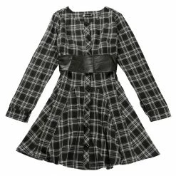 Allegra K 2098 Women Plaids Long Sleeves Belted Mini A Line Shirt Dress