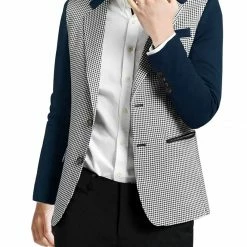 Allegra K Y83 Men Houndstooth Long Sleeve Padded Shoulder Single Breasted Blazer