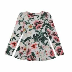 Allegra K 6507 Ladies Long Sleeves Scoop Neck Leopard Prints Peplum Shirt Women