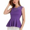 Women Allegra K Round Neck Lace-Paneled Sleeveless Peplum Top