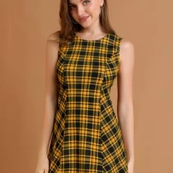 Allegra K Women Round Neck Sleeveless Plaids Mini A Line Dress