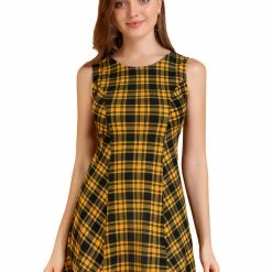 Allegra K Women Round Neck Sleeveless Plaids Mini A Line Dress