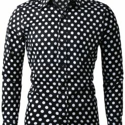 Allegra K Tops Men's Polka Dots Long Sleeve Slim Fit Printed Dress Button Down Shirt