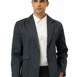 Allegra K HZ150510 Men Notched Lapel Single Breasted Slim Fit Stripes Blazer