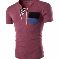 Allegra K HZ150513 Men Round Neck Color Block Patch Pocket Short Sleeves Drawstring T-Shirts