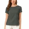 Allegra K Short Raglan Sleeves Round Neck Chambray Top