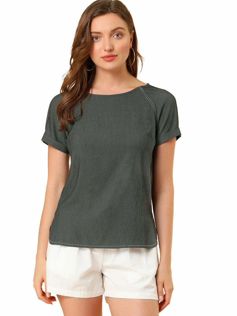Allegra K Short Raglan Sleeves Round Neck Chambray Top 3 Allegra K Short Raglan Sleeves Round Neck Chambray Top