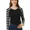 Allegra K Striped Long Raglan Sleeves V Neck Tee Shirt