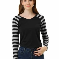 Allegra K Striped Long Raglan Sleeves V Neck Tee Shirt