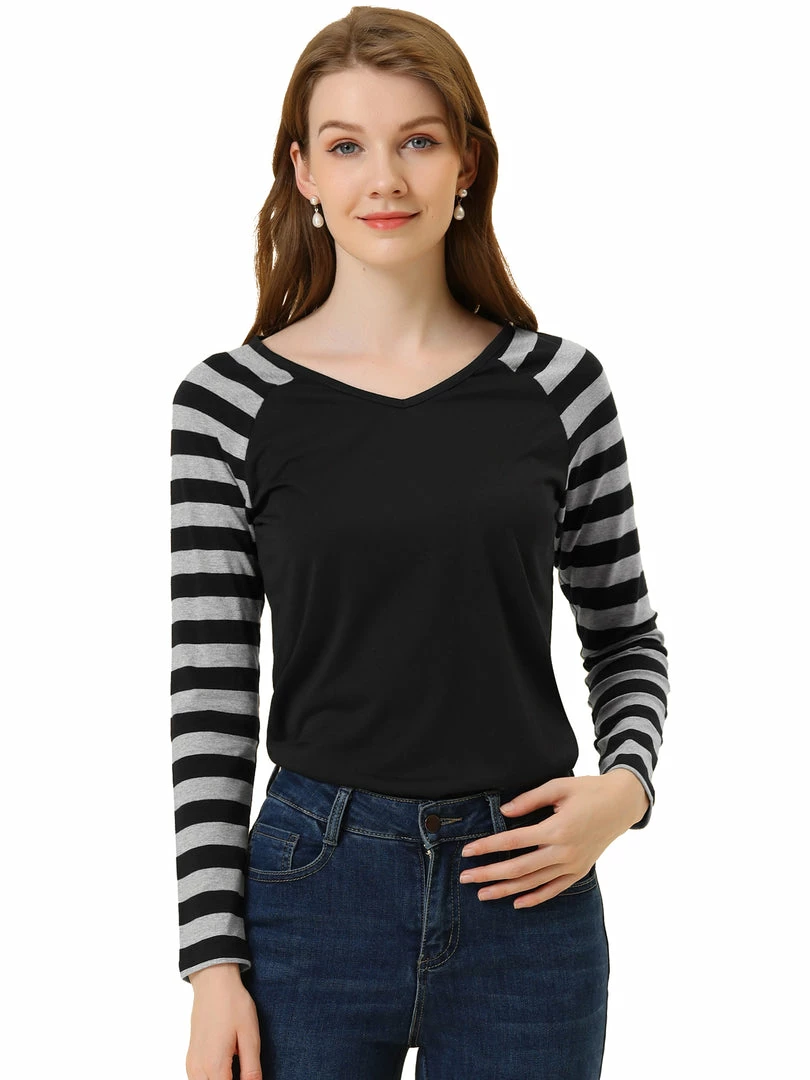 Allegra K Striped Long Raglan Sleeves V Neck Tee Shirt 3 Allegra K Striped Long Raglan Sleeves V Neck Tee Shirt
