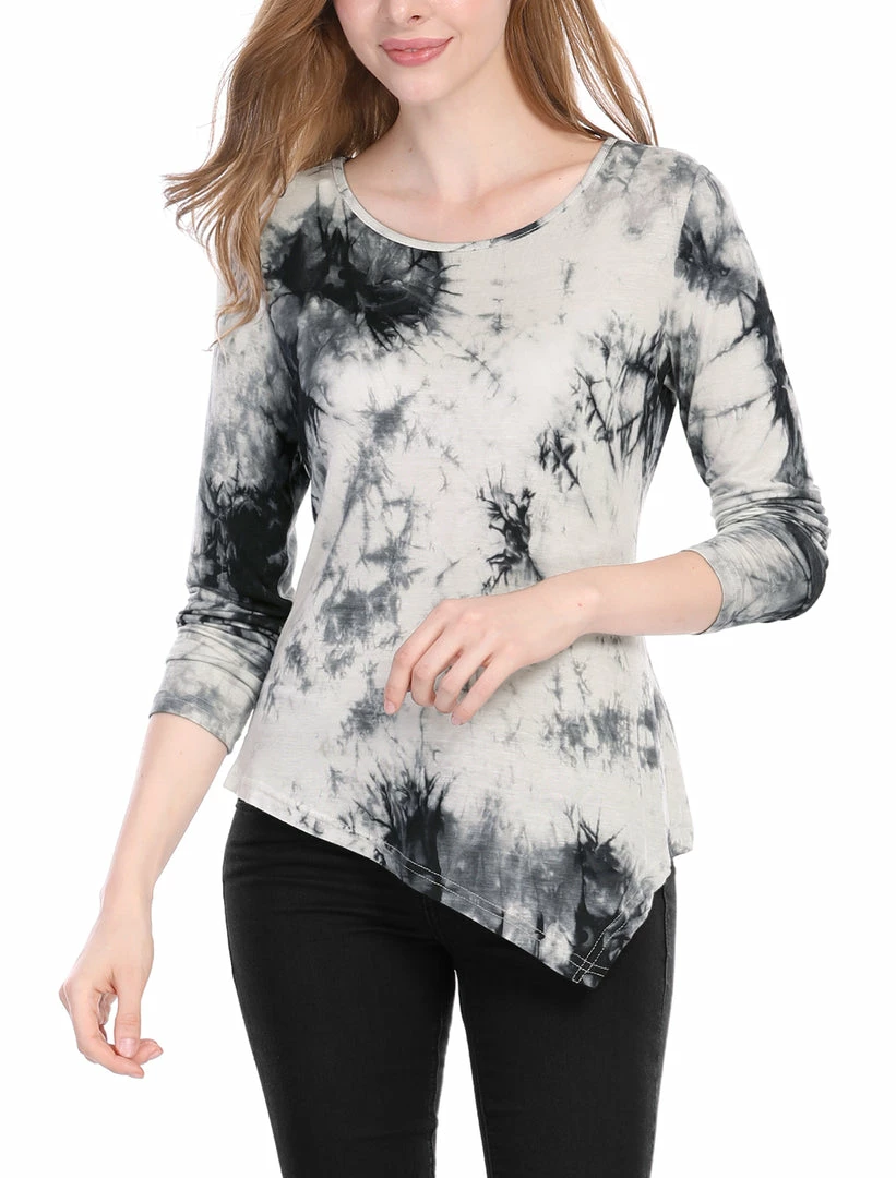 Allegra K Long Sleeves Round Neck Tie-Dye Handkerchief Hem Shirt Women 3 Allegra K Long Sleeves Round Neck Tie-Dye Handkerchief Hem Shirt Women
