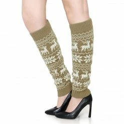 Allegra K Women Elastic Cuffs Snowflake Deers Pattern Knee High Knit Leg Warmers Pair