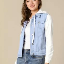 Women Allegra K Washed Denim Jacket With A Hood And Sleeves In Sweatshirt Fabric