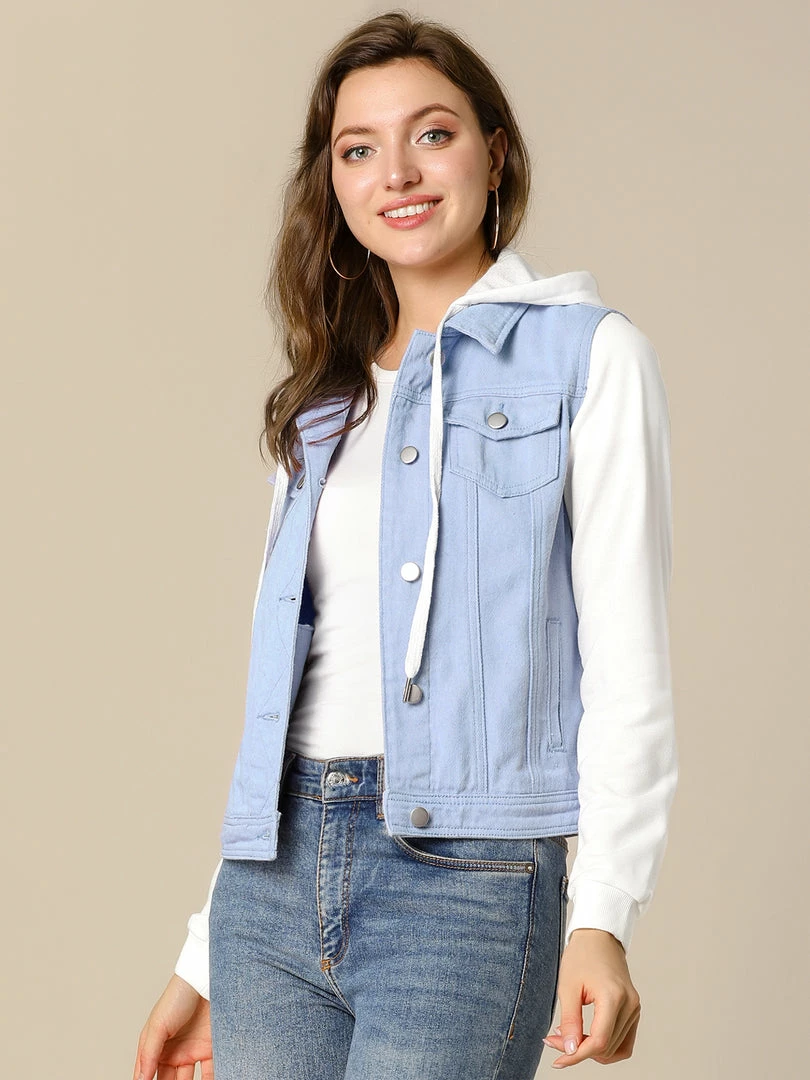 Women Allegra K Washed Denim Jacket With A Hood And Sleeves In Sweatshirt Fabric 4 Women Allegra K Washed Denim Jacket With A Hood And Sleeves In Sweatshirt Fabric