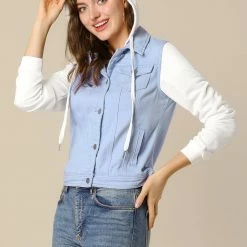 Women Allegra K Washed Denim Jacket With A Hood And Sleeves In Sweatshirt Fabric 53 Women Allegra K Washed Denim Jacket With A Hood And Sleeves In Sweatshirt Fabric