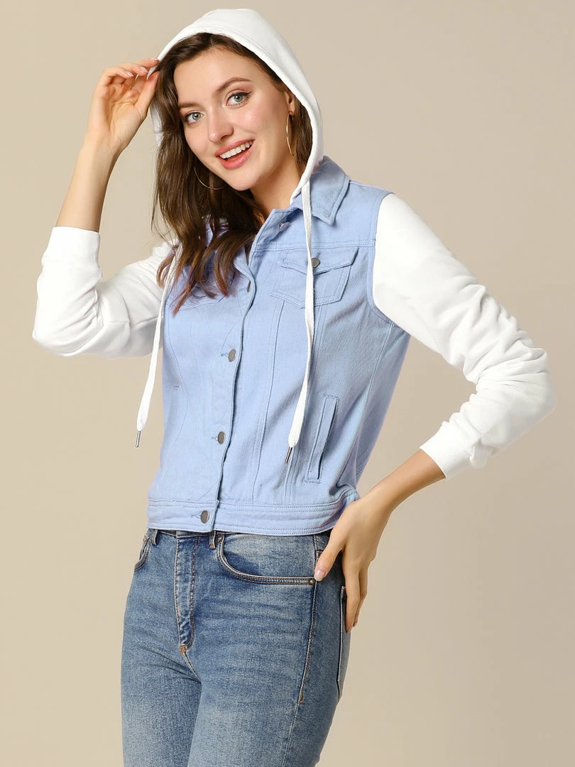 Women Allegra K Washed Denim Jacket With A Hood And Sleeves In Sweatshirt Fabric 5 Women Allegra K Washed Denim Jacket With A Hood And Sleeves In Sweatshirt Fabric