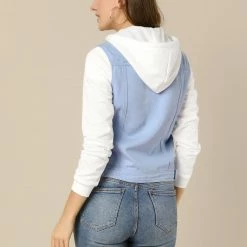 Women Allegra K Washed Denim Jacket With A Hood And Sleeves In Sweatshirt Fabric 55 Women Allegra K Washed Denim Jacket With A Hood And Sleeves In Sweatshirt Fabric