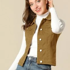Allegra K Women's Washed Denim Buttoned Vest W Flap Pockets
