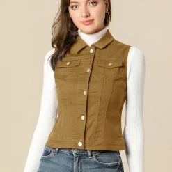 Allegra K Women's Washed Denim Buttoned Vest W Flap Pockets