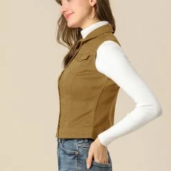 Allegra K Women's Washed Denim Buttoned Vest W Flap Pockets