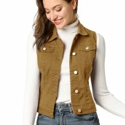 Allegra K Women's Washed Denim Buttoned Vest W Flap Pockets