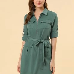 Allegra K Women's Roll Up Sleeves Multi-Pocket Knee Length Belted Shirt Dress