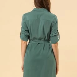 Allegra K Women's Roll Up Sleeves Multi-Pocket Knee Length Belted Shirt Dress