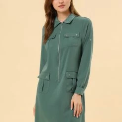 Allegra K Women's Roll Up Sleeves Multi-Pocket Knee Length Belted Shirt Dress