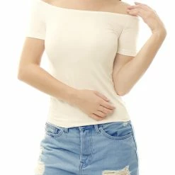 Allegra K Slim Fit Short Sleeves Off The Shoulder Cropped Top Clothing