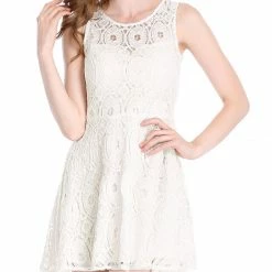 Allegra K Women's Floral Lace Sleeveless Semi Sheer Yoke Flare Mini Dress