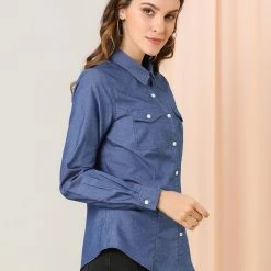 Allegra K Women's Point Collar Chest Pockets Button Down Dots Shirt