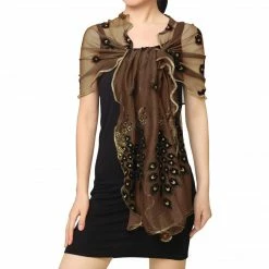 Allegra K Accessories Women Rectangle Semi Sheer Floral Peacock Pattern Mesh Scarf