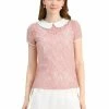 Allegra K Women's Contrast Doll Collar Short Sleeve Tops Sheer Lace Top