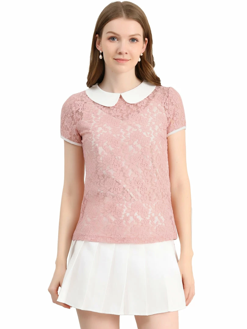 Allegra K Women's Contrast Doll Collar Short Sleeve Tops Sheer Lace Top 3 Allegra K Women's Contrast Doll Collar Short Sleeve Tops Sheer Lace Top