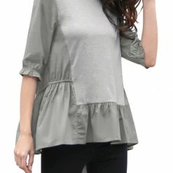 Allegra K Women Ruffled High-Low Hem 1/2 Sleeves Paneled Tunic Top