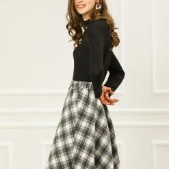 Allegra K Women Plaids Elastic Waist Knee Length Worsted A Line Skirt