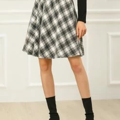 Allegra K Women Plaids Elastic Waist Knee Length Worsted A Line Skirt