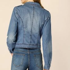 Women Allegra K Revere Collar Washed Denim Jacket With Zip Decors