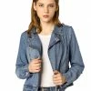 Women Allegra K Revere Collar Washed Denim Jacket With Zip Decors