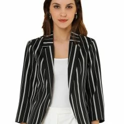 Allegra K Striped 3/4 Sleeves Open Front Notched Lapel Blazer Women 95 Allegra K Striped 3/4 Sleeves Open Front Notched Lapel Blazer Women