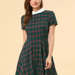 Allegra K Women Plaids Contrast Peter Pan Collar Puff Sleeves Above Knee Dress