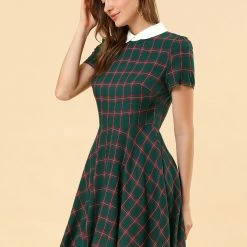 Allegra K Women Plaids Contrast Peter Pan Collar Puff Sleeves Above Knee Dress