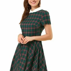 Allegra K Women Plaids Contrast Peter Pan Collar Puff Sleeves Above Knee Dress