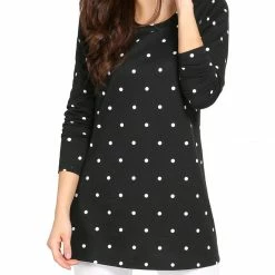 Allegra K Casual Round Neck Polka Dot Long Sleeves Top Women