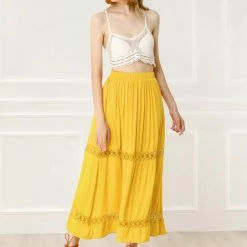 Allegra K Women's Lace Insert Vintage Swing A-Line Maxi Skirt With Elastic Waist