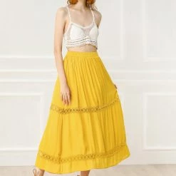 Allegra K Women's Lace Insert Vintage Swing A-Line Maxi Skirt With Elastic Waist