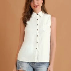 Women Allegra K Single Breasted Point Collar Sleeveless Shirt
