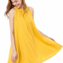 Allegra K Women Ruffled Neck Belted Above Knee Sleeveless Dress