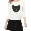 Women Allegra K Cat Prints Crew Neck Long Sleeves Top Shirt