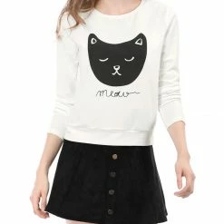 Women Allegra K Cat Prints Crew Neck Long Sleeves Top Shirt